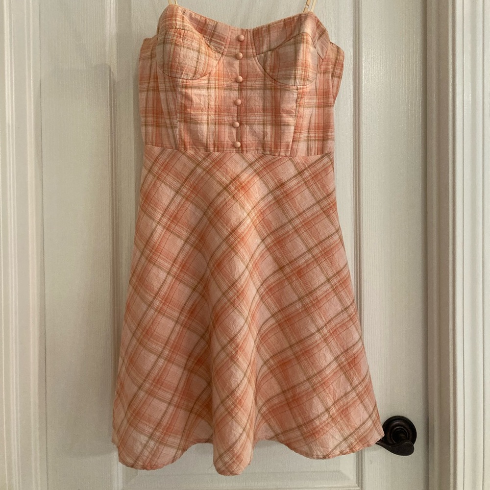 Forever 21 Peach plaid Strapless or spaghetti Strap Dress with bustier cups
